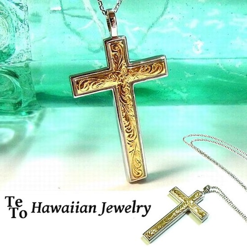 【ハワイアンジュエリー / HawaiianJewelry】 ペンダントクロス ネックレス プルメリア スクロール ホヌ (gps8792)