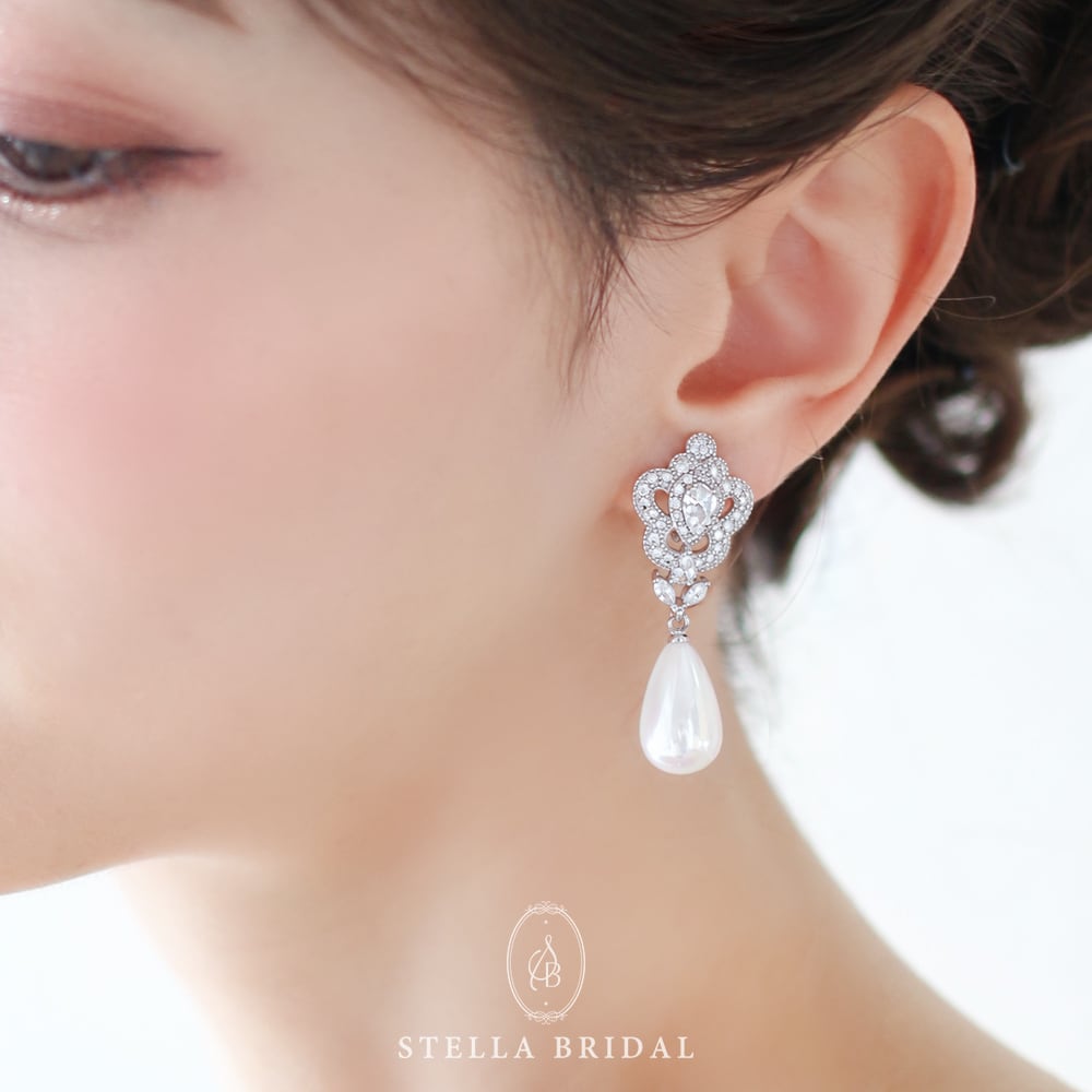 【受注生産品】キュービックジルコニア ブライダルピアス&イヤリング リアーヌ ドロップパール| ウェディングアクセサリー