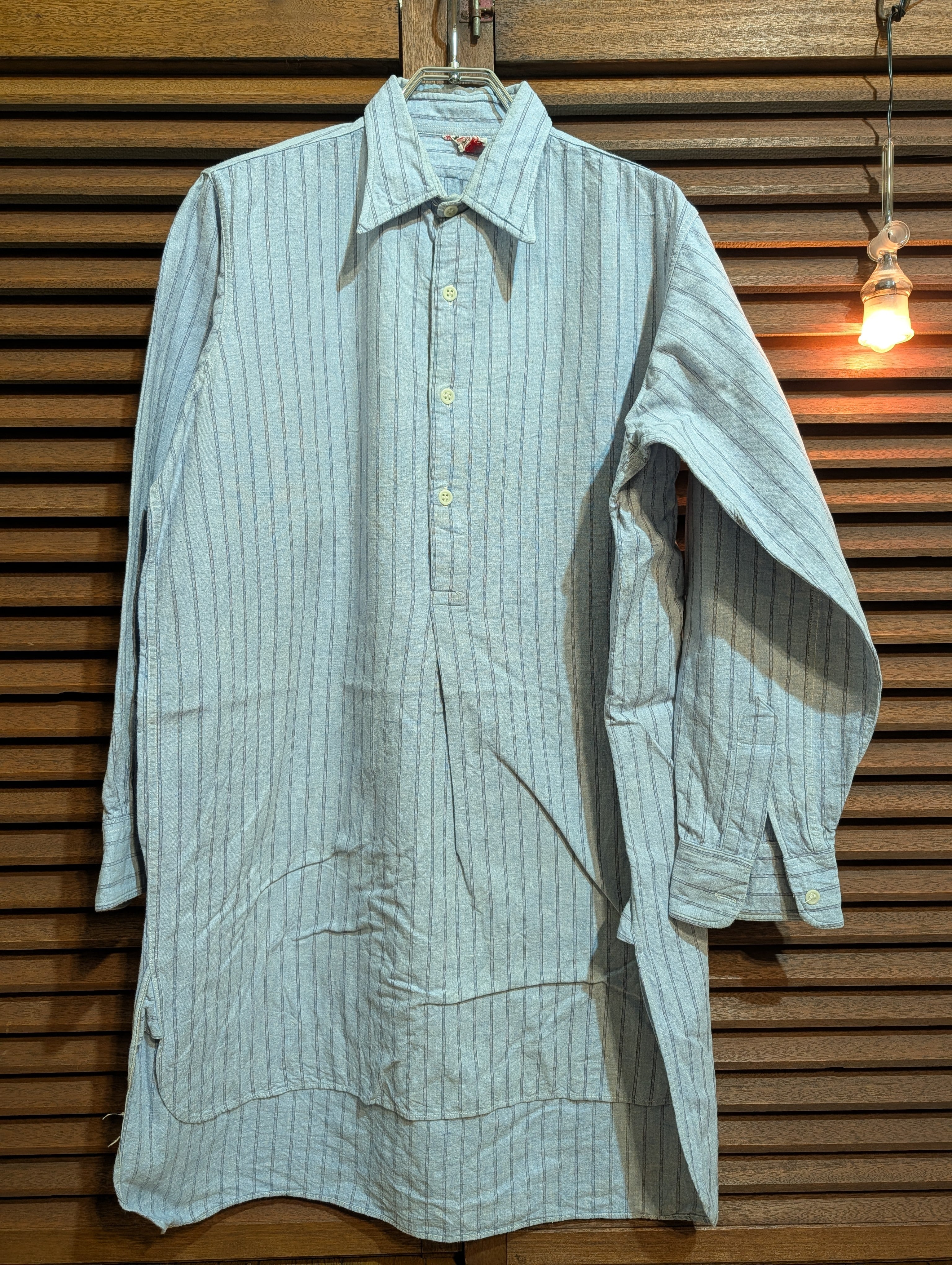 30-40s France TROISTOIS Grandpa Shirt Blue Stripe MilkGlassButton