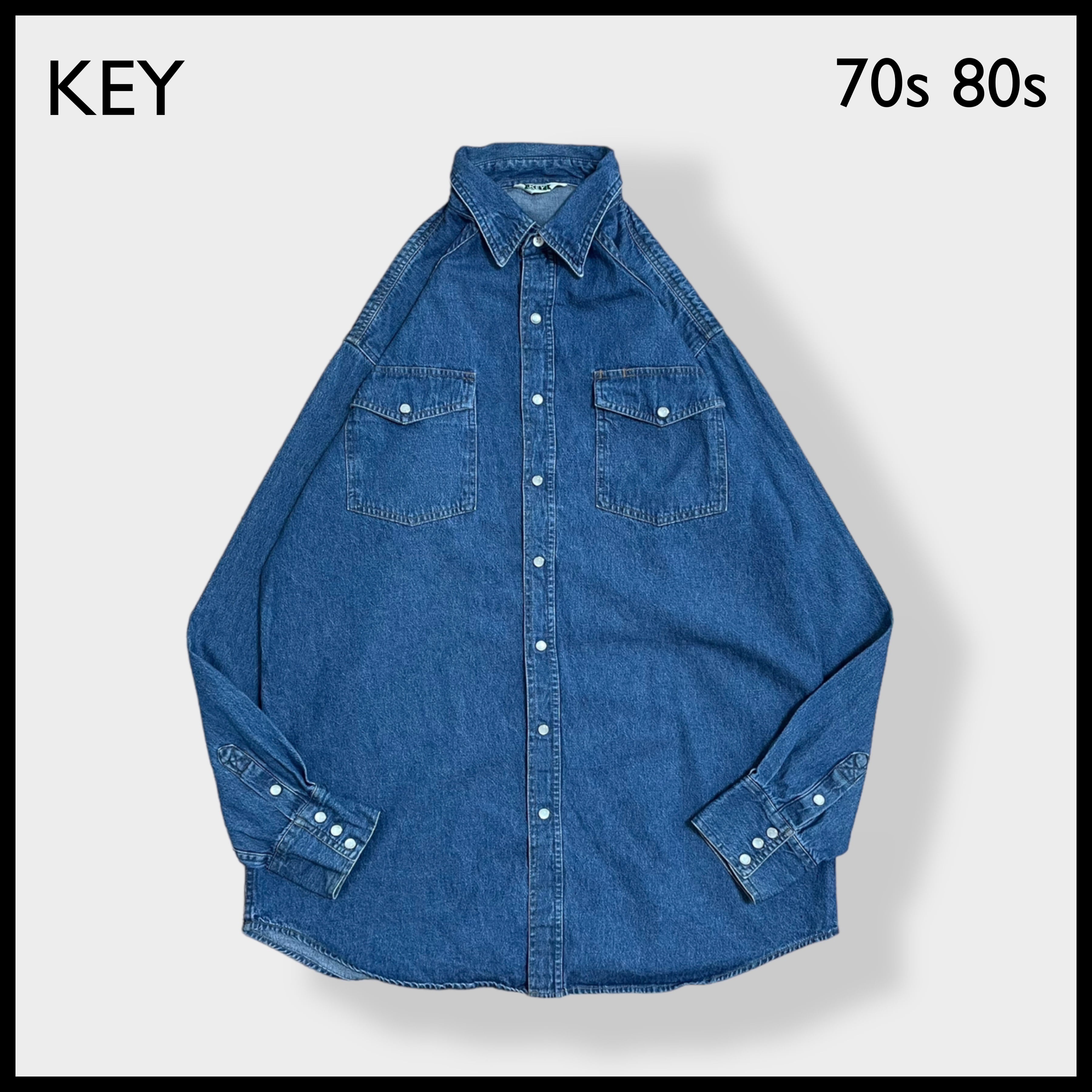 KEY】70s 80s USA製 三角 刺繍タグ デニムシャツ ウエスタンシャツ