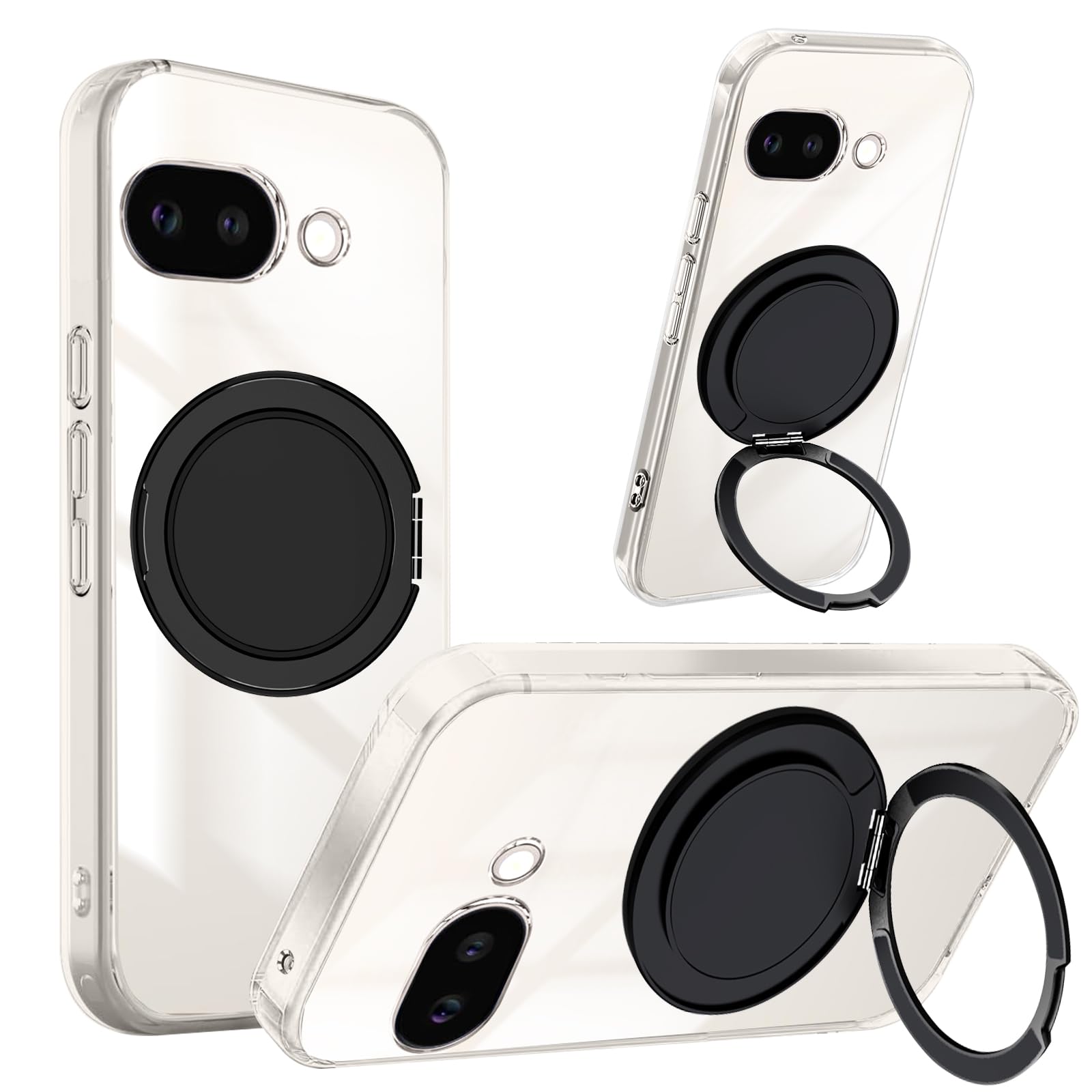 Google Pixel 9a 用 ケース クリア TPU リング付き 360°回転スタンド 縦横両対応 耐衝撃 黄変防止