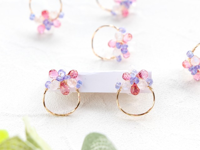 14kgf-pink topaz &moonstone flower pierced earrings