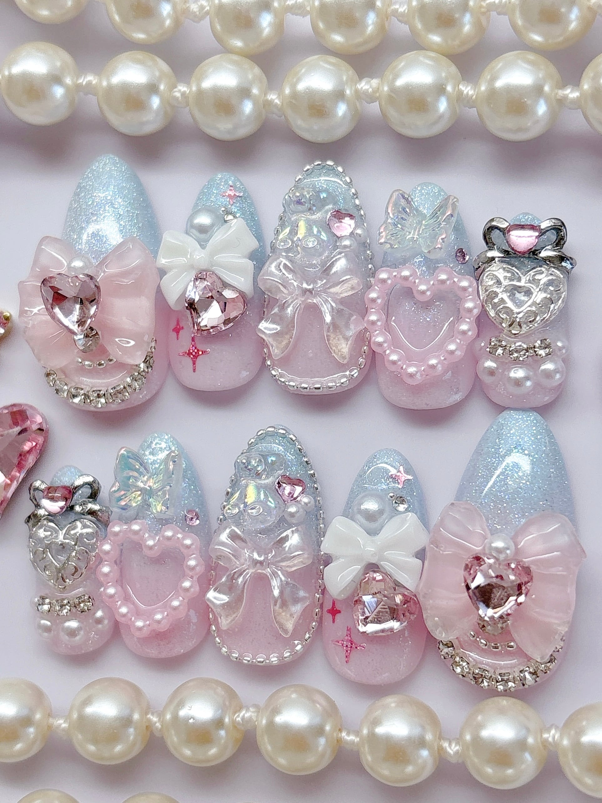 ゴテゴテピンク 量産型地雷ゆめかわ病み推しネイルチップ ピンクと水色の ゴテゴテ量産型ネイルチップ | rosenail ゴテゴテ