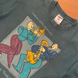 【JERZEES】USA製 ニューオリンズ ジャズ JAZZ イラスト 半袖 Tシャツ アースカラー Mサイズ US古着 アメリカ古着