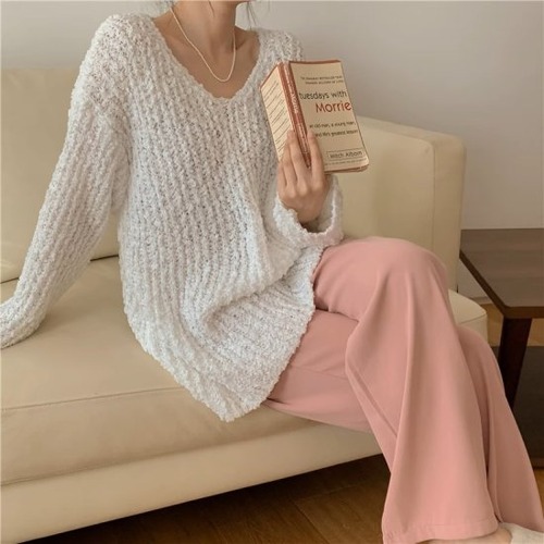 ニットセーター レディース Vネック ロングニット 長袖 プルオーバー ポップコーンニット ゆったり オーバーサイズ レトロ かわいい きれいめ ガーリー おでかけ オフィス 部屋着 おしゃれ