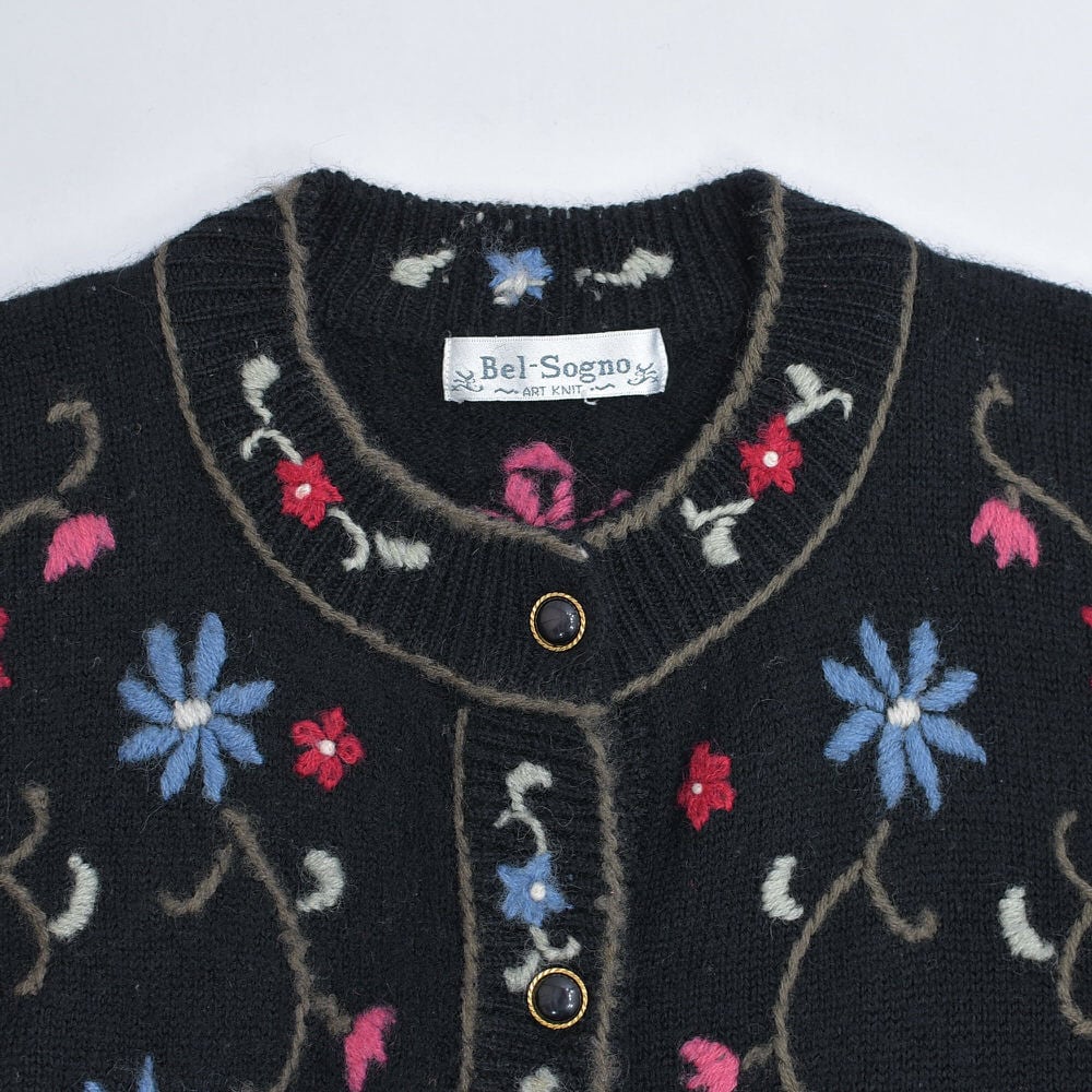 80～90s Bel-Sogno お花 総刺繍デザイン ウールニットカーディガン