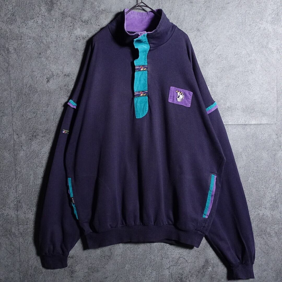 Navy dog embroidery corduroy switching half snap sweat