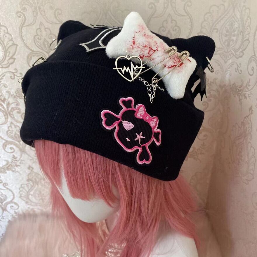 ゴスロリ通販 With U ニット帽 ネコ耳 クロス十字 スカル 刺繍 パンク