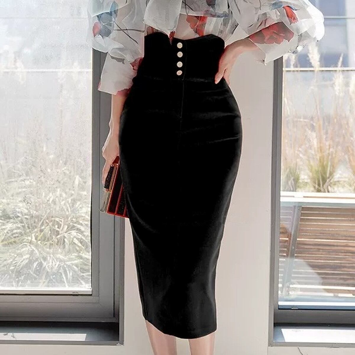 Button Front Velvet Long Tight Skirt V3584