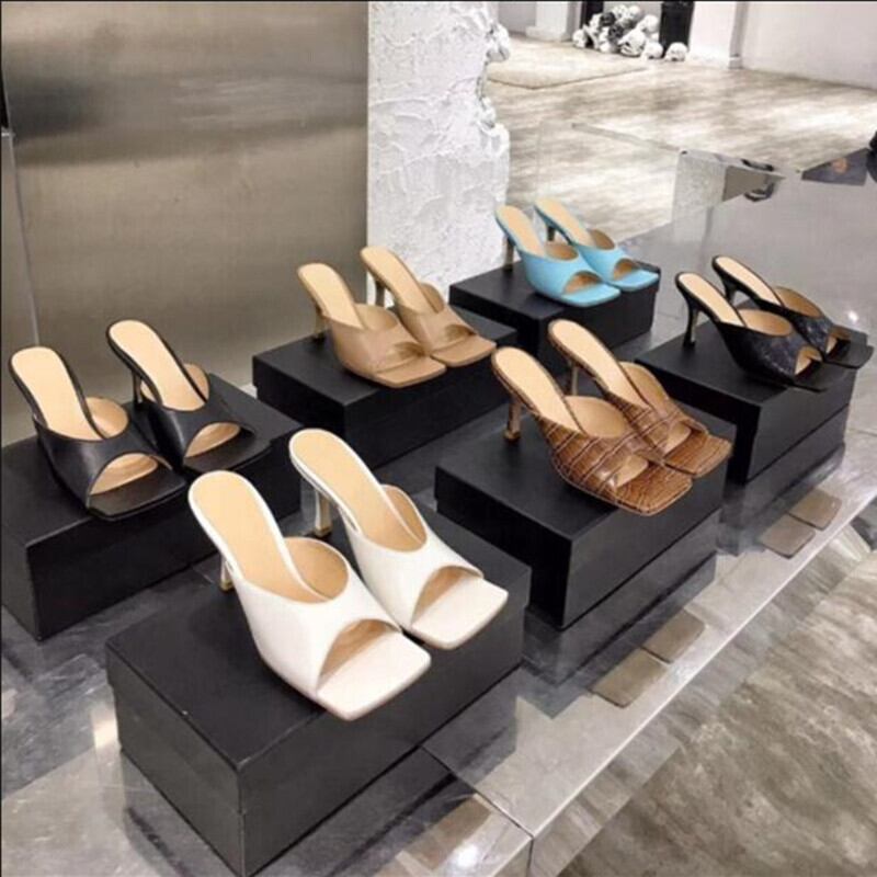 【新作】【送料無料】 フルレザーレディースキャットヒールスクエアトゥヒールハイヒールシープスキンオープントゥスリッパサマーレディースパーティースリッパ 靴 シューズ ミュール 夏物 スクウェア 10b382162835034