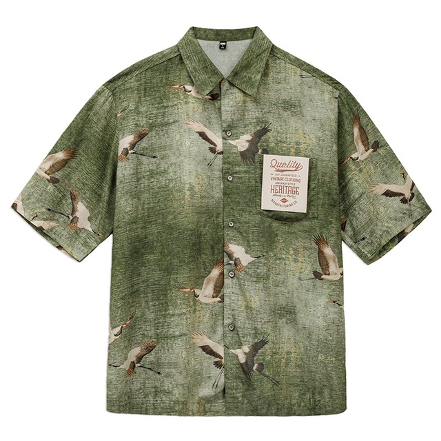 Retro Crane Graphic Dry Short-Sleeve Shirt 00566