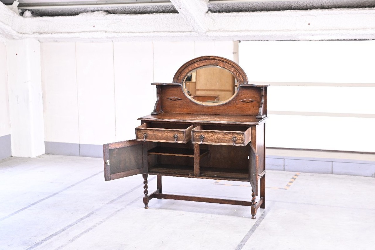 英国アンティーク ミラーバックサイドボード チェスト クラシカル 収納棚 装飾 オシャレ 鏡 ドレッサー 脚部ツイスト【中古家具/中古インテリア/USED家具ユーズド家具/リサイクル】