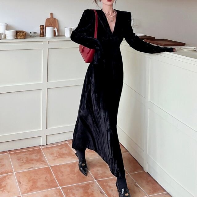 予約販売】ワンピース レディース Vネック プリーツ Aライン ベロア