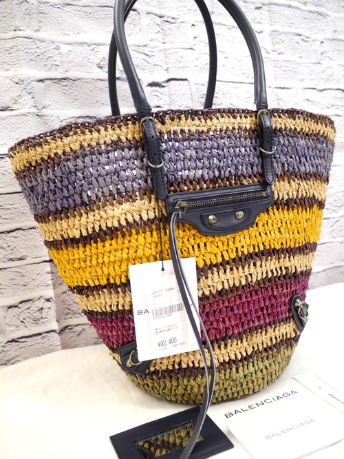 美品9.2万◆BALENCIAGA バレンシアガ PANIER パニエ ラフィアxレザー マルチカラー ペーパー かご バッグ◆希少なマルチカラーの定番モデル