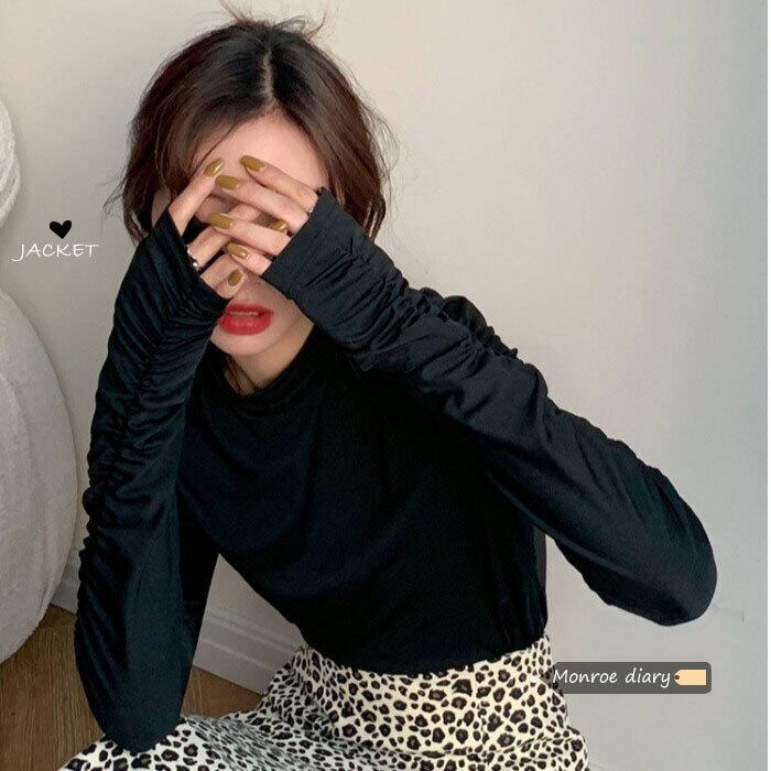 ラウンドネックブラックTシャツ シャツ スタイルスリムオータムウィンタートップス ロング 秋物 冬物 Oネック モンロー13093801538