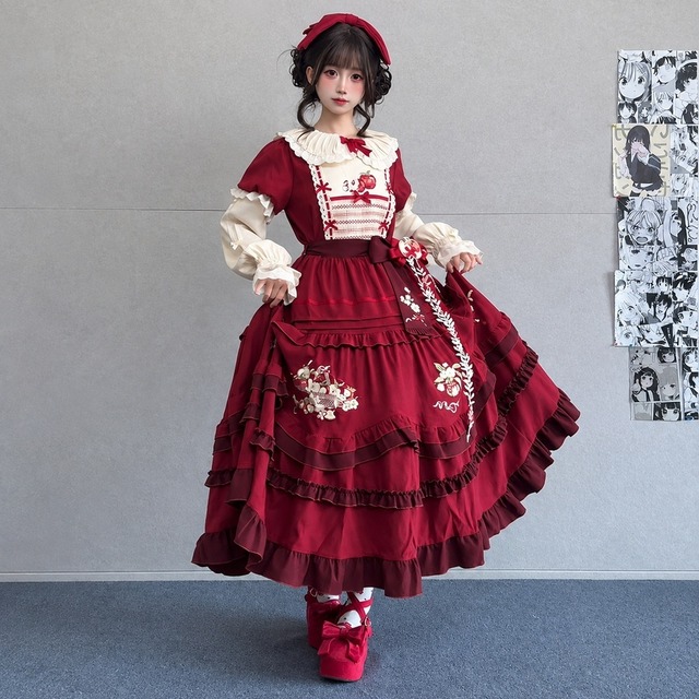 紅果実が揺れる森の手紙 植物刺繍多段フリルクラロリ系ロング衣装4点セット
