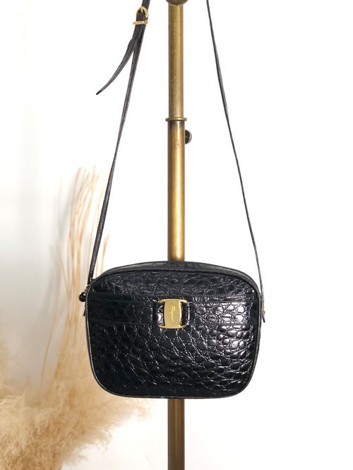 Salvatore Ferragamo サルヴァトーレ フェラガモ ショルダーバッグ ブラック ロゴ クロコ型押し vintage ヴィンテージ オールド 2vgt32