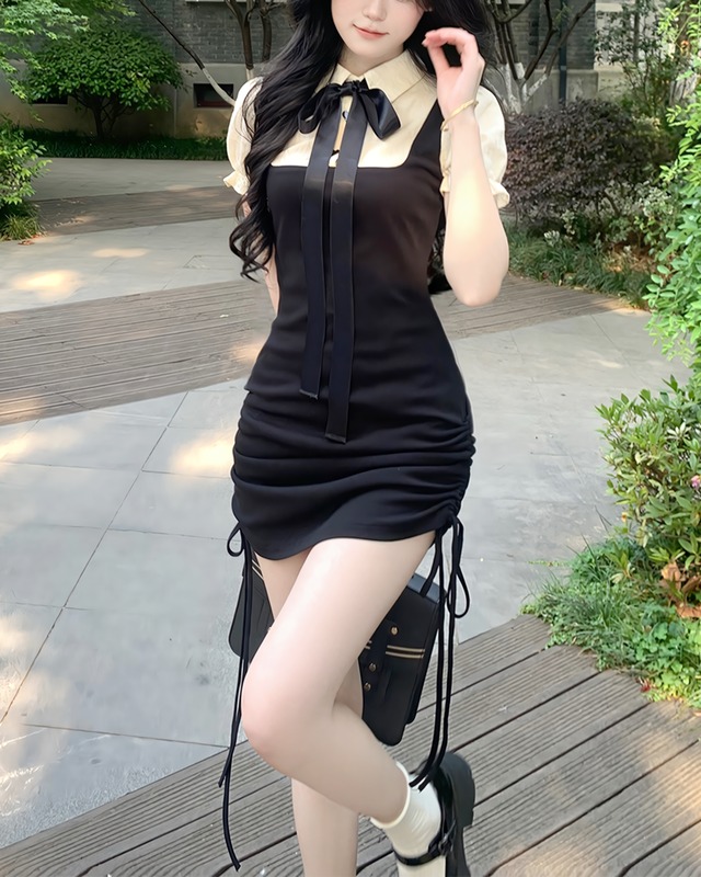 フェイクツーピースサイドギャザーワンピース　2506063