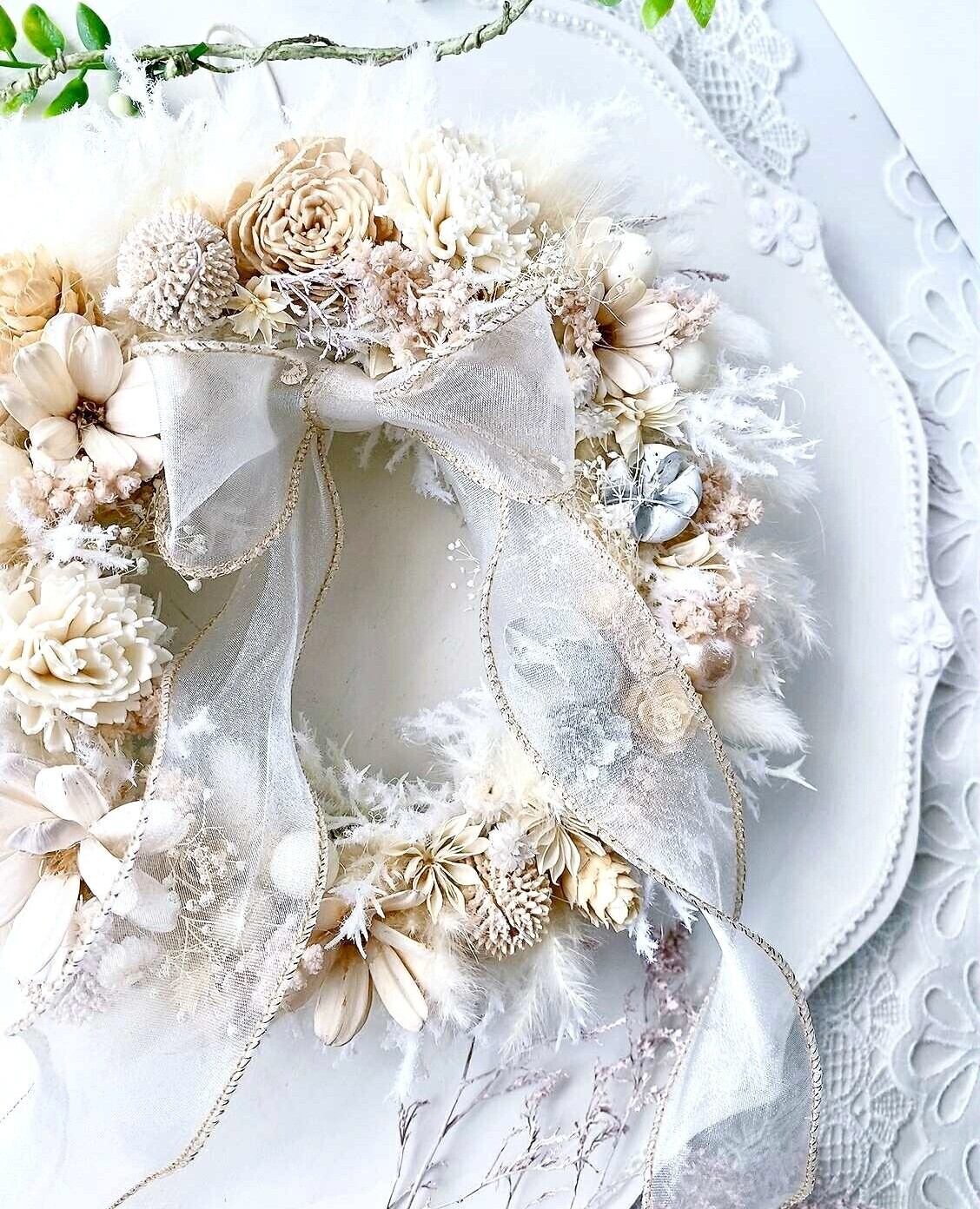 【WR-002】【ふんわり優しいホワイトリース】アイボリー×ドライフラワー/壁掛け/インテリア/贈り物におすすめ