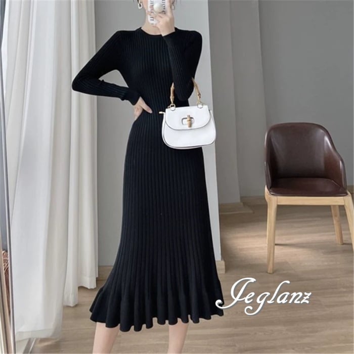 3色 ニット ワンピース ドレス 裾フリル きれいめ シンプル派(MB033)γ