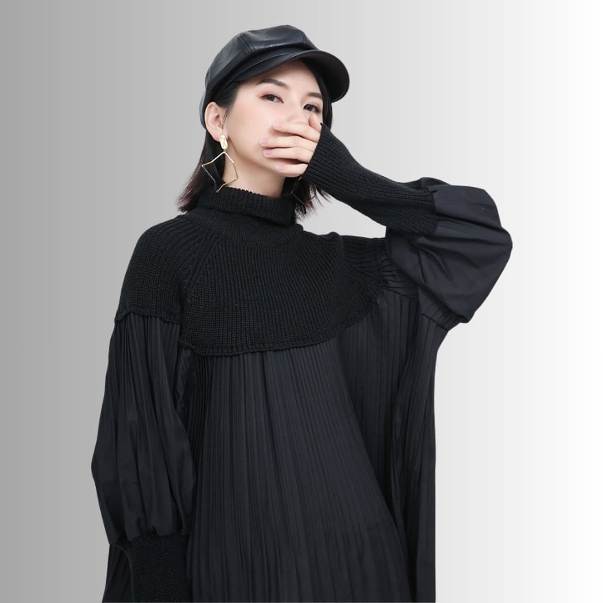 【異素材レイヤー】ハイネック ニット切替 構築的プリーツチュニック