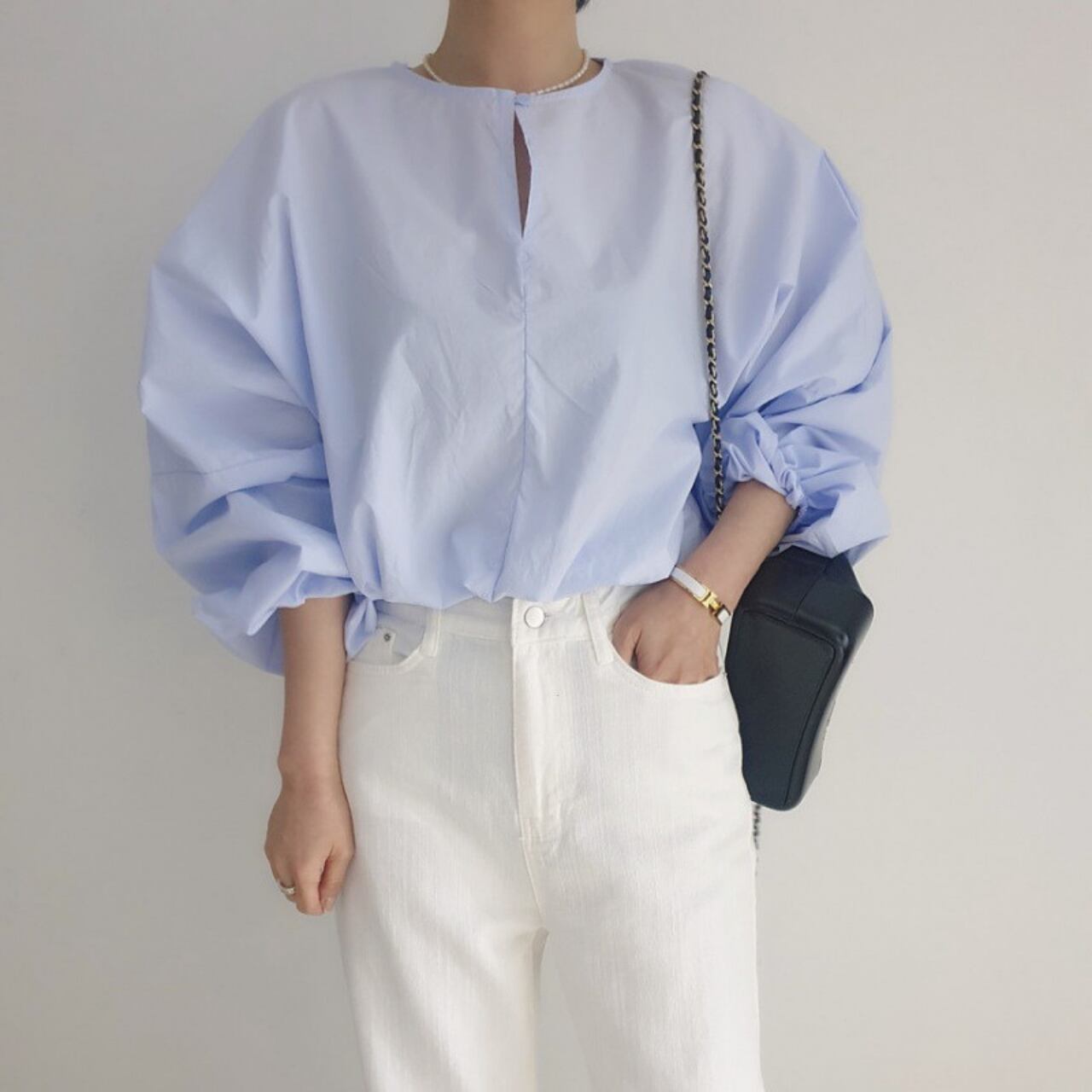 ラウンドネック パフスリーブ トップス-ブルー