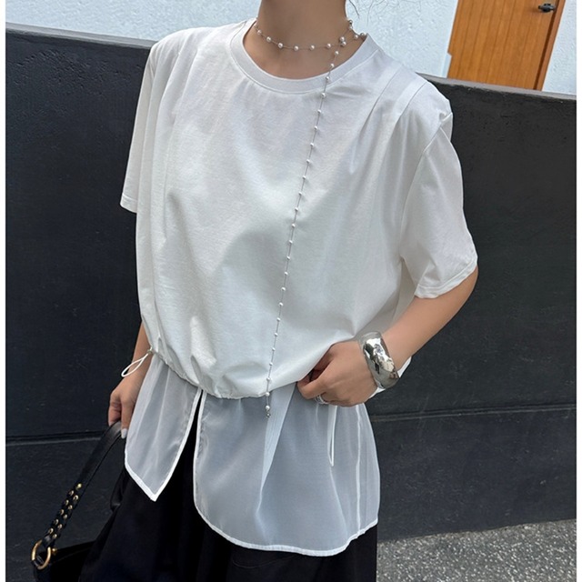 Drawstring layered design T-shirt 01237