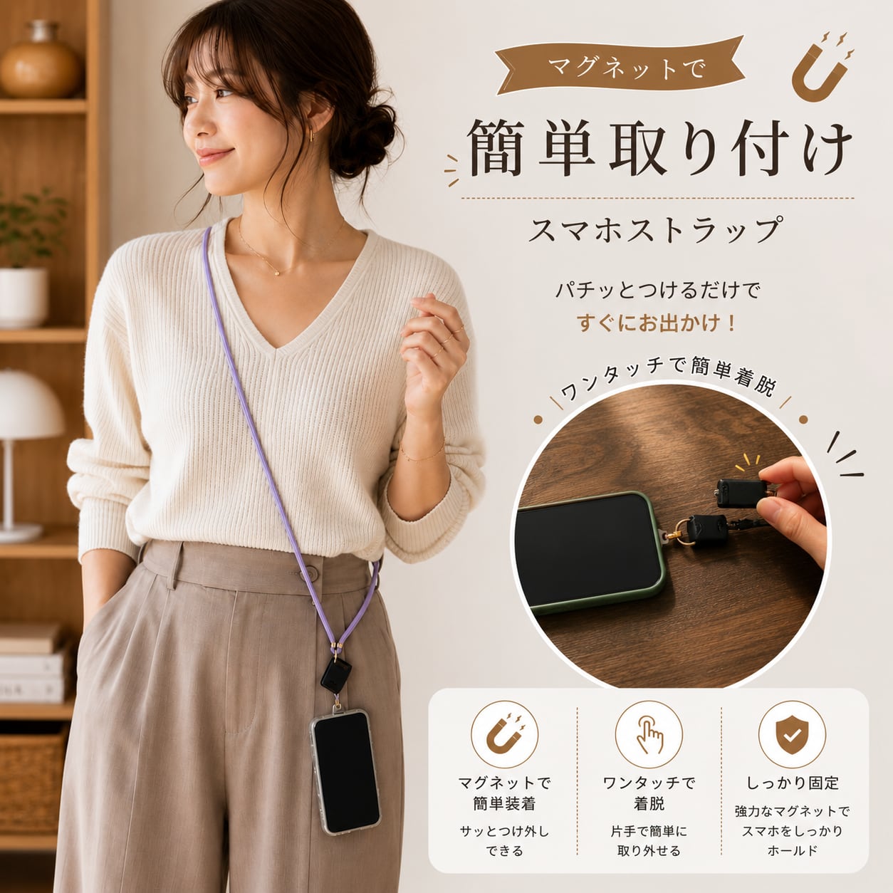カジュアルなマグネット着脱式スマホショルダーストラップ