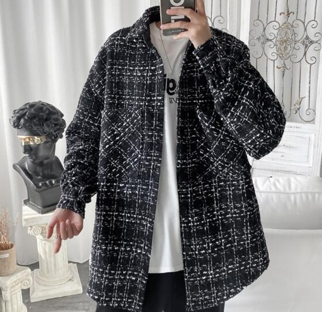 メンズ・トップス・ブラウス・新作 ・ゆとり・ラペル気質・格子コート・M-2XL