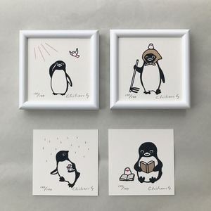 『ペンギンと文鳥 〝晴耕雨読〟』シルクスクリーン作品4枚＋額縁 2個セット