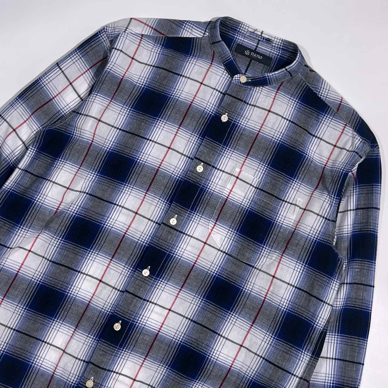 nano・universe ナノユニバース バンドカラー オンブレチェック風 長袖シャツ L/ブルー系 メンズ
