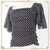 社交ダンス 衣装 トップス ブラウス ブラック系 チャコットロイヤルダンス Chacott ROYAL DANCE 日本製 黒 白 ドット柄 水玉 練習 レッスン 伸縮 ストレッチ かわいい ダンス衣装 イベント ステージ リボン ホワイト系