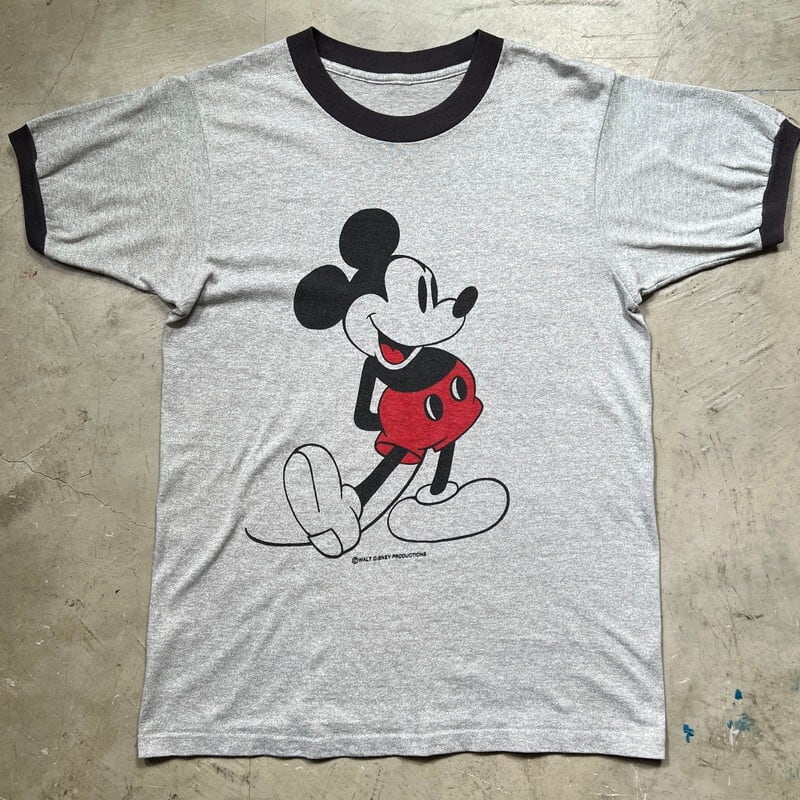 70's 80's WALT DISNEY PRODUCTIONS ミッキーマウス リンガーTシャツ 染込みプリント 杢グレー 美品 M相当  ディズニー Mickey 希少 ヴィンテージ BA-1873 RM2292H | agito vintage powered by BASE