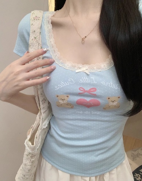 3色/レースネックドットプリントTシャツ ・78621