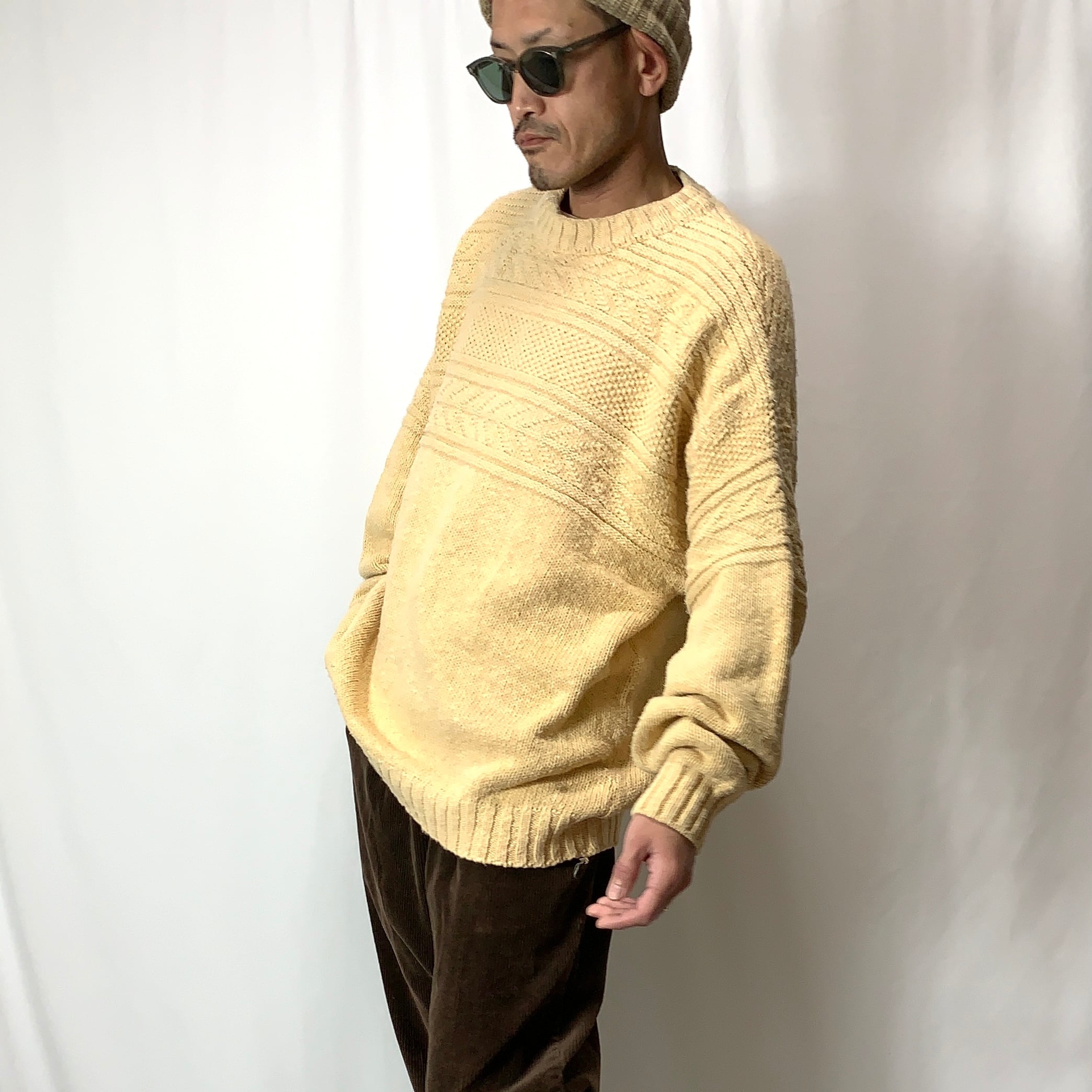 vintage old 80s 90s L.L.Bean aran pattern cotton knit cotton sweater MADE  IN USA アランパターン コットンニット コットンセーター size XL アメリカ製 ベージュ メンズ レディース ビンテージ ヴィンテージ