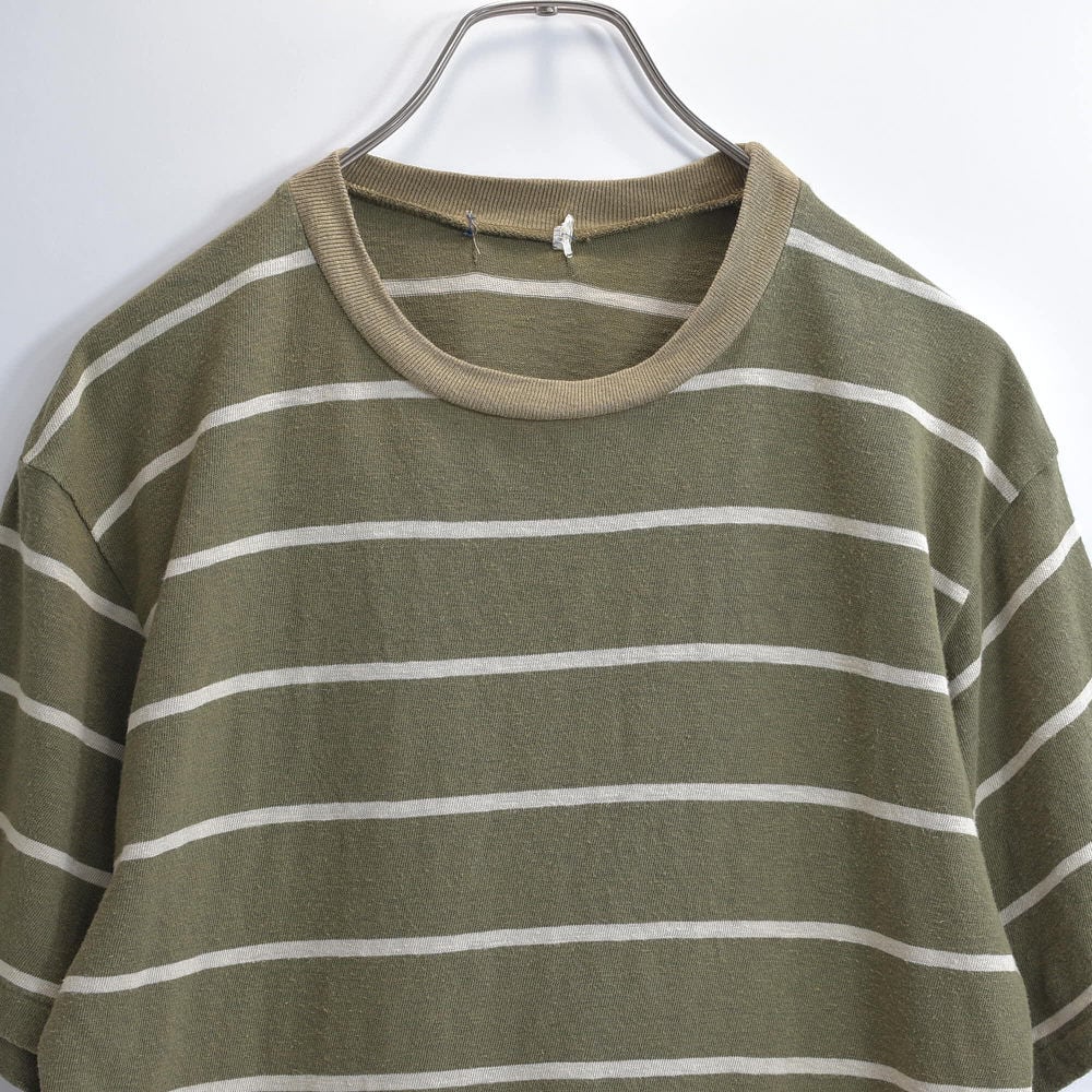90~00s Used クルーネック ボーダーデザイン Tシャツ カットソー アースカラー オリーブ カーキ ヴィンテージ シングルステッチ ビンテージ 古着 メンズS相当