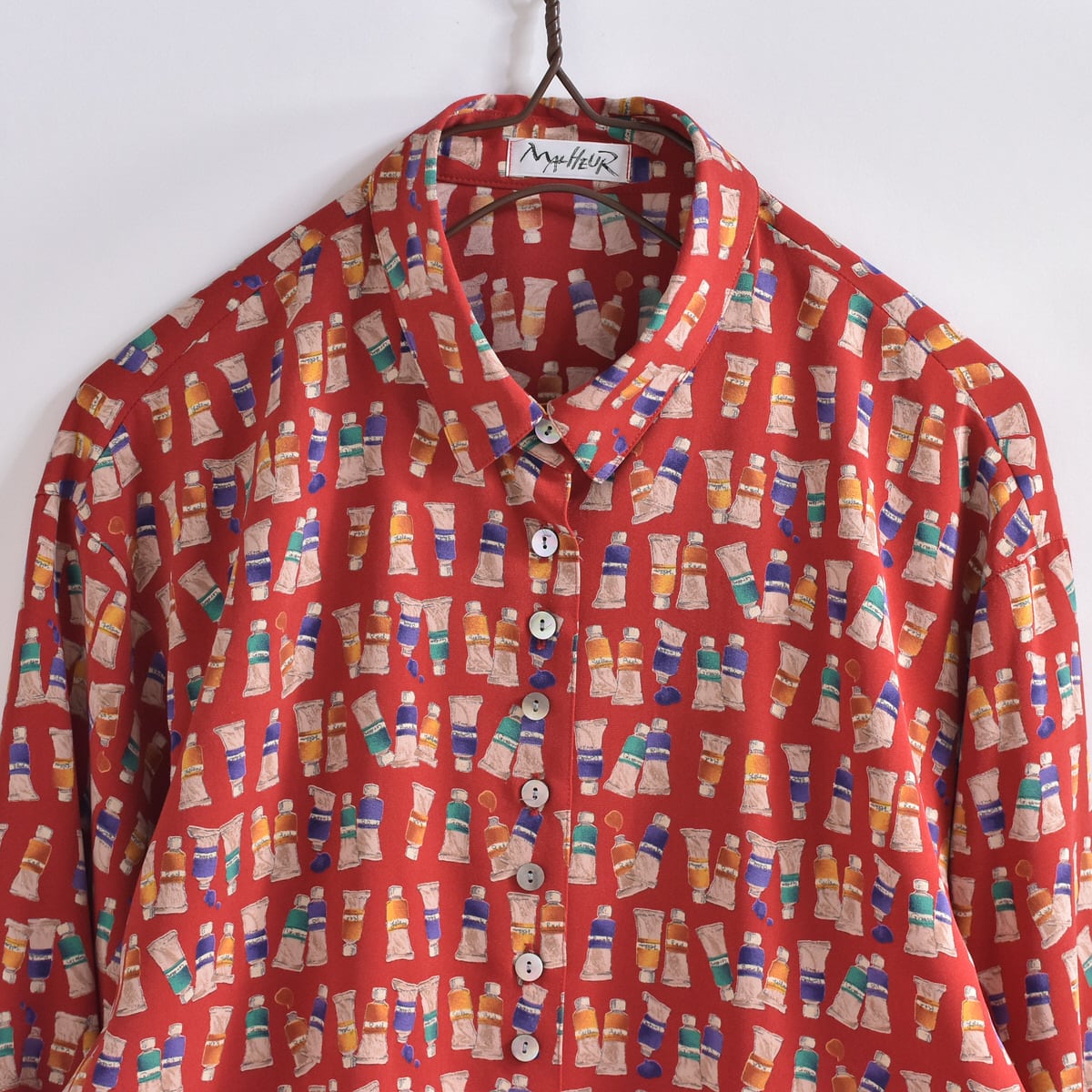 90s~ 日本製 MALHEUR 絵の具柄 デザイン 総柄 ポリエステルシャツ ジャパンヴィンテージ ブラウス ビンテージ 長袖 レディースL~相当