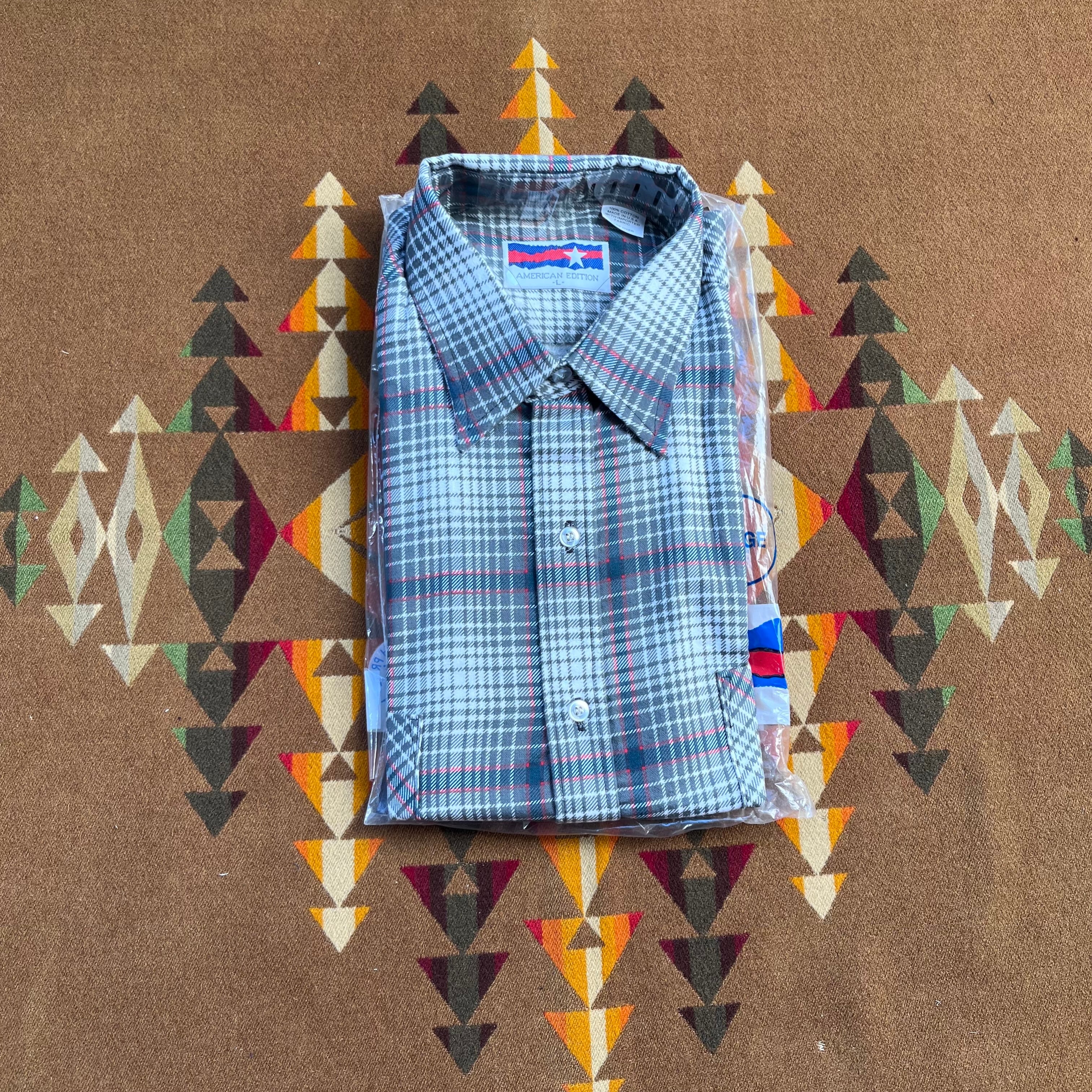 1980s Deadstock"American Edition" Light-Cotton Print Flannel Shirt/L/Grey