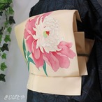 正絹塩瀬　クリーム色に芍薬のなごや　作家物