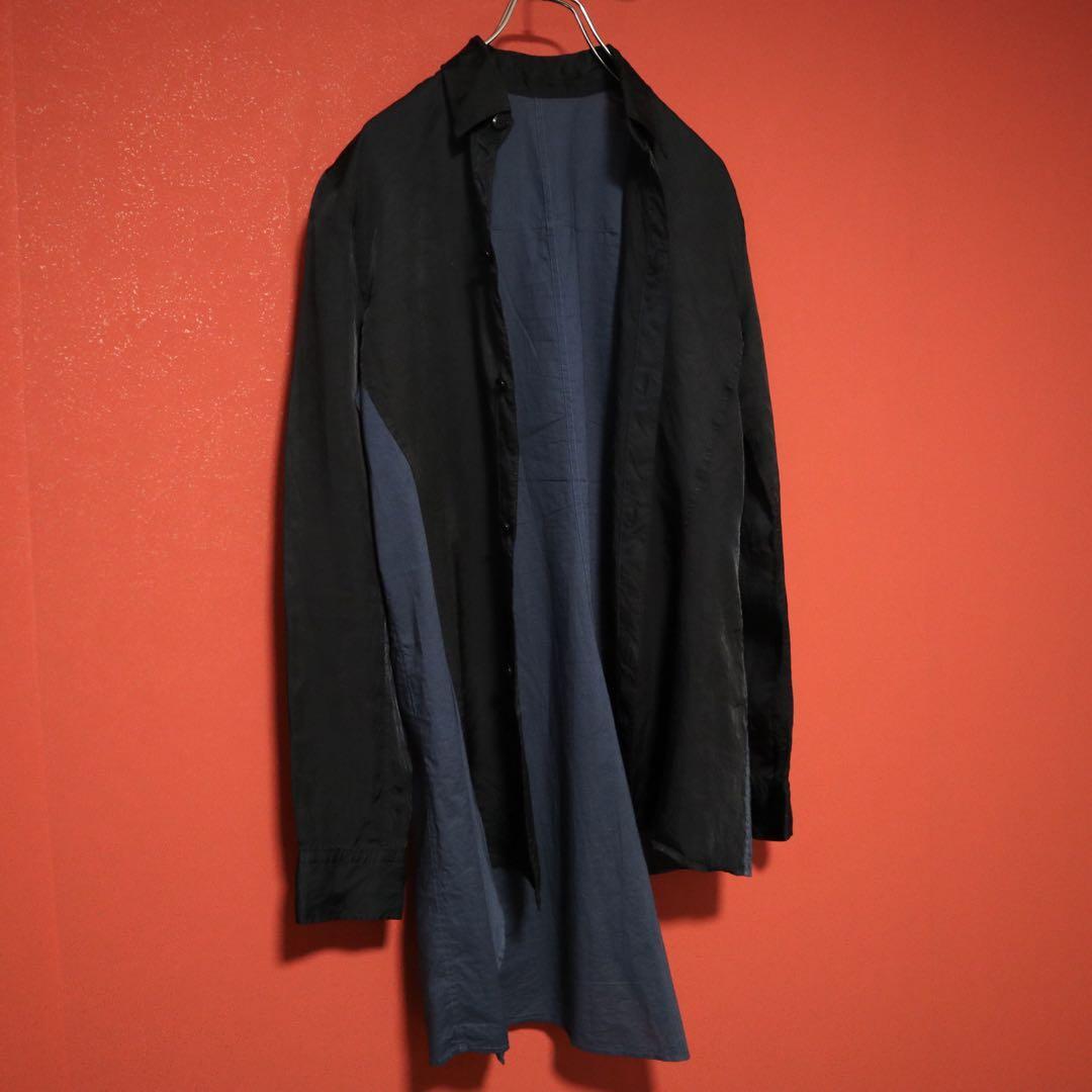 【モード】ヨウジヤマモト プリュスノアール 左右非対称デザイン キュプラ シャツ モード】ヨウジヤマモト プリュスノアール 左右非対称デザイン