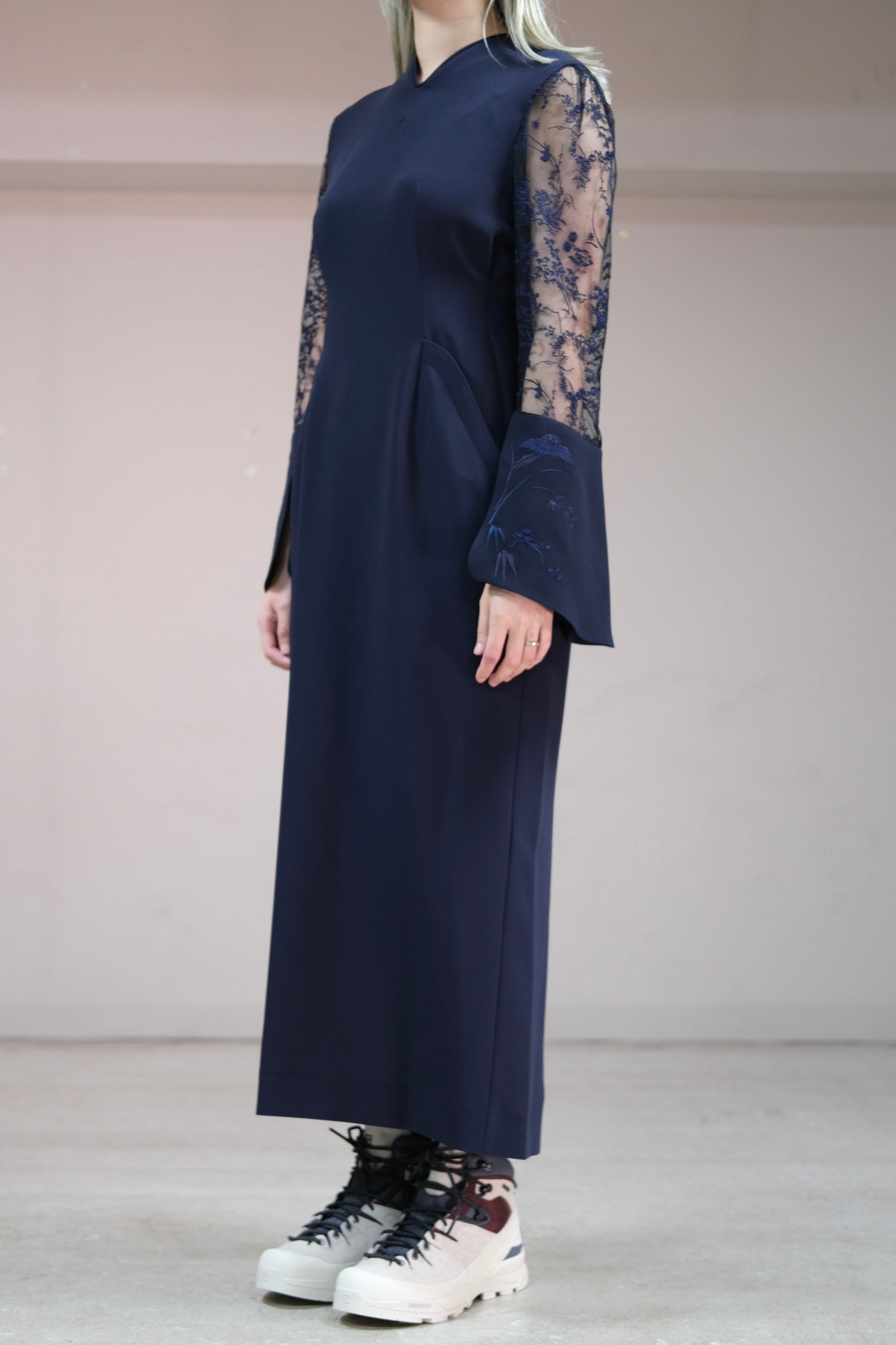 Mame Kurogouchi】Acetate Polyester Floral Lace Sleeve Dress | loop