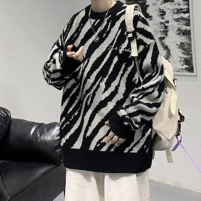 予約販売】ニット 総柄 アニマル柄 ゼブラ柄 メンズ ブラック グレー