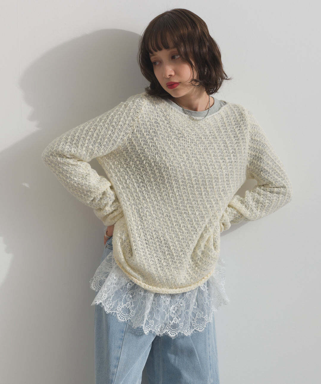 33154 裾レースロングスリーブTシャツ white | エルキカク