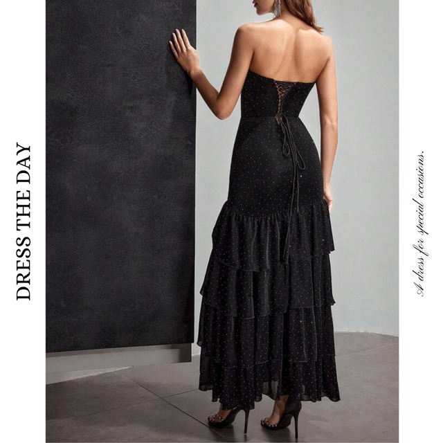 ラインストーンティアードスリットドレス W0087