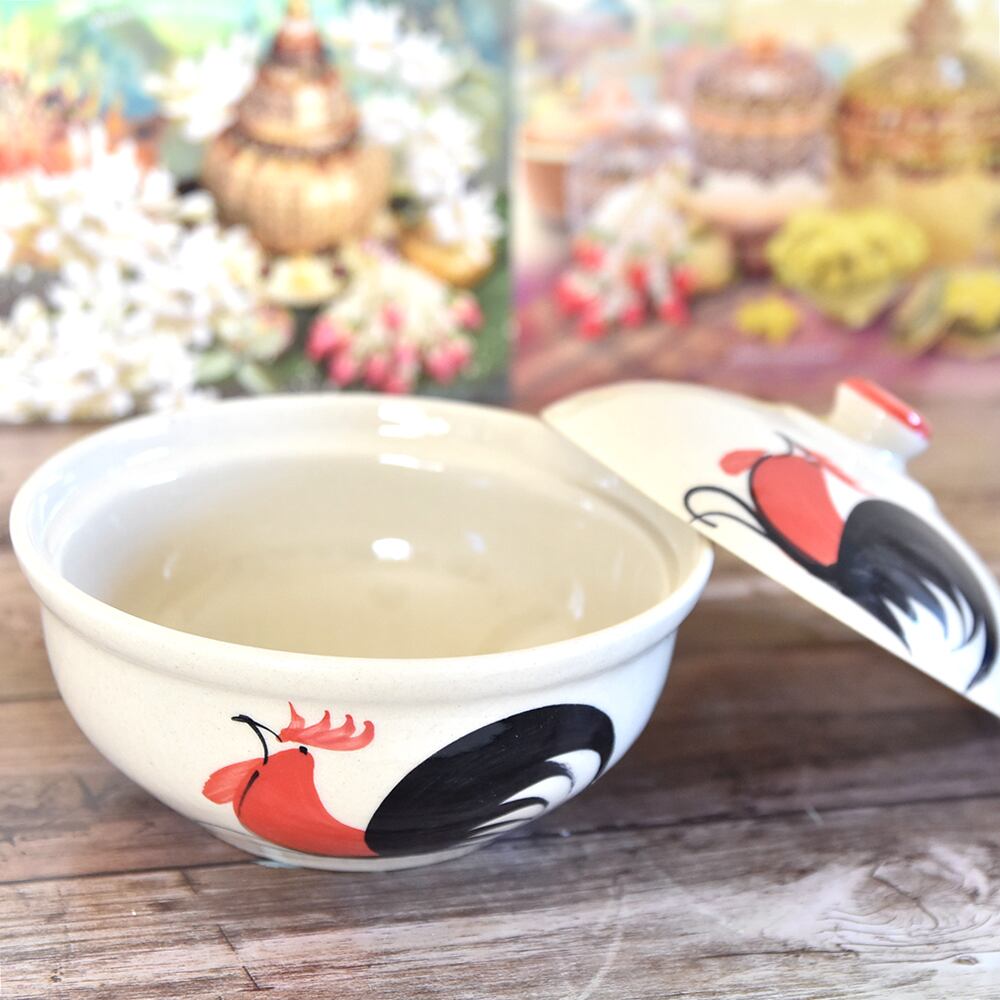 タイ ランパーン陶器 ニワトリ柄 蓋付き丼ぶり（ボウル） L 16cm