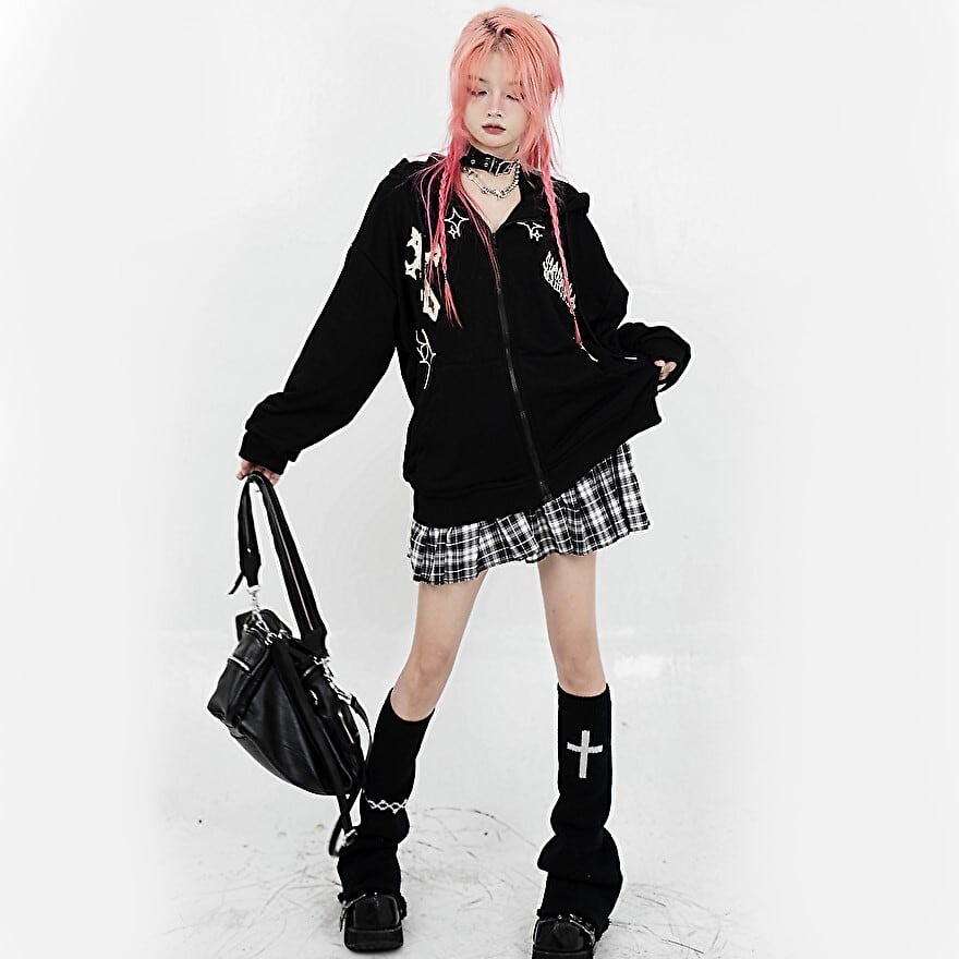 サブカル 服 地雷系 通販 フーディ パーカー ZIPアップ 刺繍 クロス 十字架 服 闇かわいい