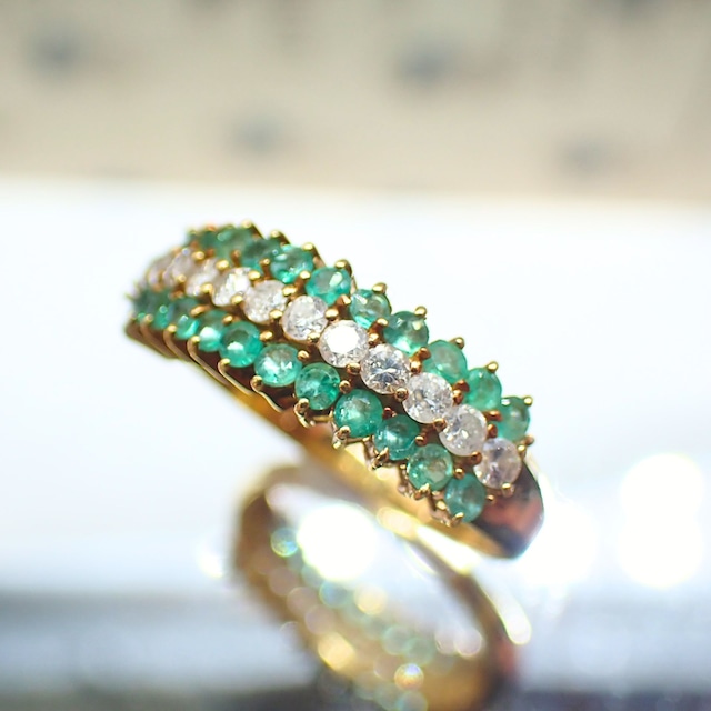 K18 昭和レトロ エメラルド ダイヤモンド リング ヴィンテージ 3列 3row デザイン 指輪 MR00773　東京 門前仲町 Daisy Ring