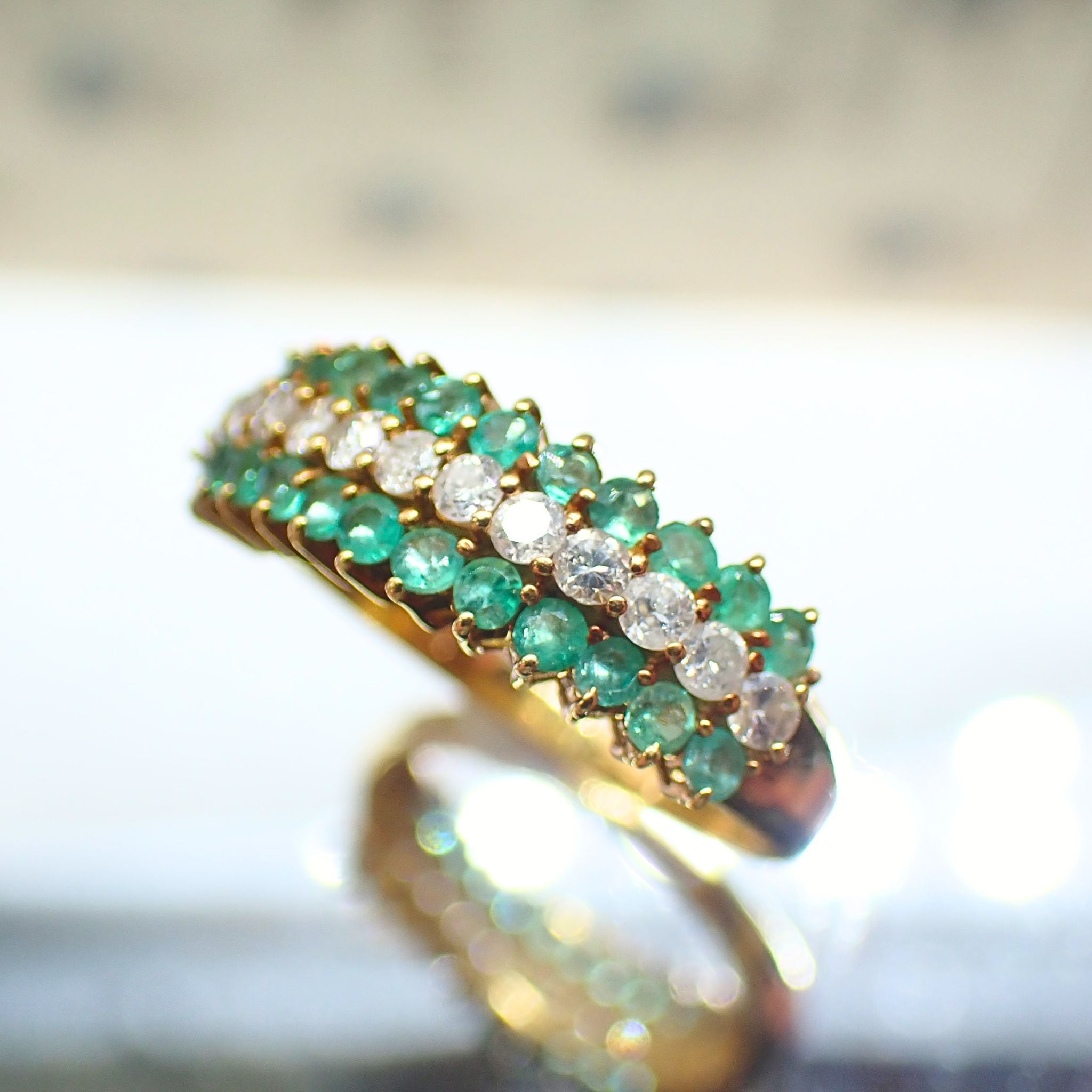 K18 昭和レトロ エメラルド ダイヤモンド リング ヴィンテージ 3列 3row デザイン 指輪 MR00773 東京 門前仲町 Daisy Ring