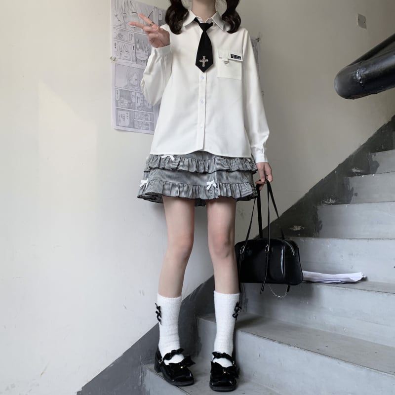 SEASONZ シャツ ネクタイ 十字架 刺繍 JK 学園風 甘め かわいい 原宿系 量産型 病み可愛い ゆめかわ