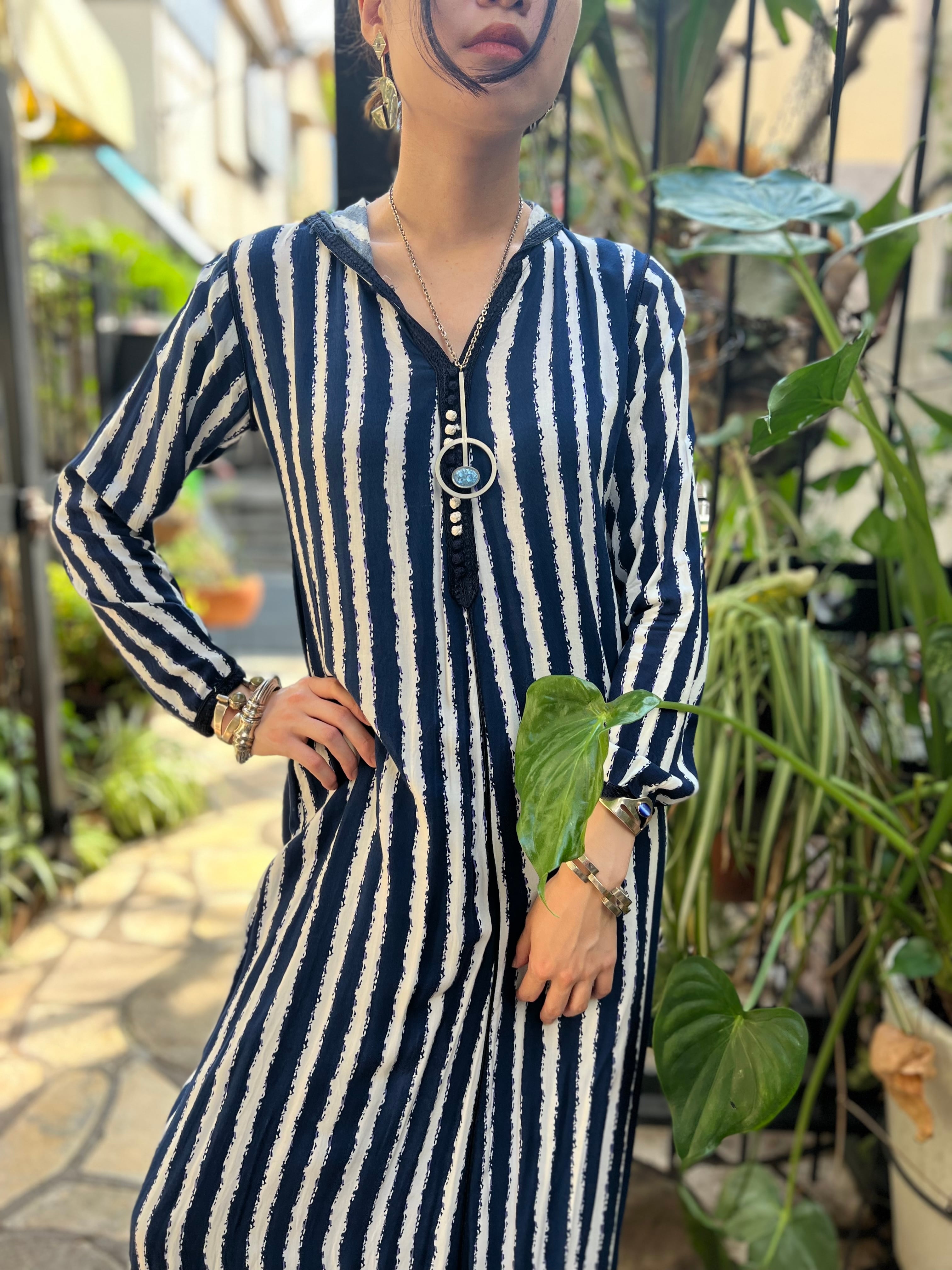 Vintage moroccan navy × white Stripe foodie dress ( ヴィンテージ